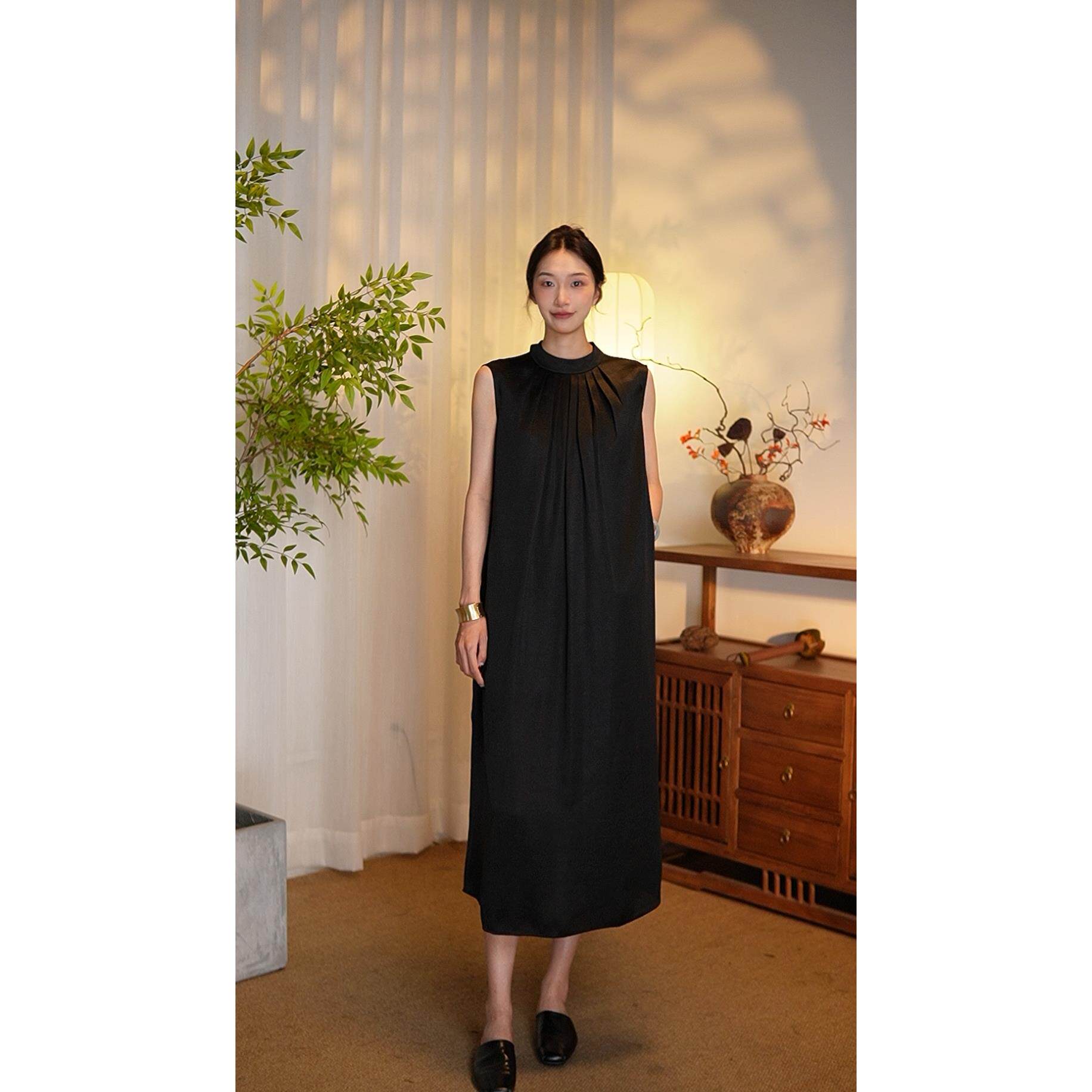 【菡风】桑蚕丝香云纱夏季气质女人显瘦时尚黑色设计师连衣裙