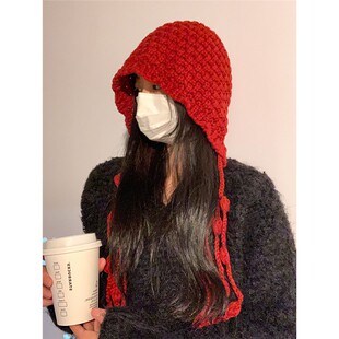 手工款流苏球球红色针织毛线帽保暖包头帽冬天护耳绑带帽潮帽子女