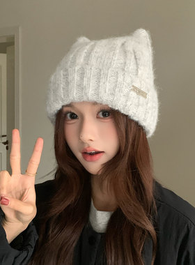 可爱猫耳朵帽子女冬2026款秋冬大头围显脸小羊毛混纺针织毛线冷帽
