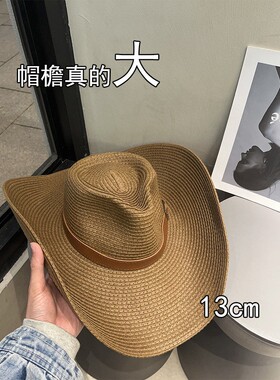 大帽檐西部牛仔带抽绳登山渔夫帽女夏草编户外钓鱼遮阳帽大头围男