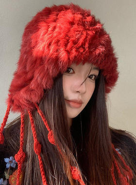 红色兔毛针织毛绒帽女冬季韩版显脸小流苏护耳帽加厚保暖雷锋帽子