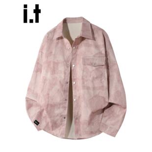 New Bcfauae NB粉色翻领长袖衬衫外套男士秋冬季宽松上衣衬衣