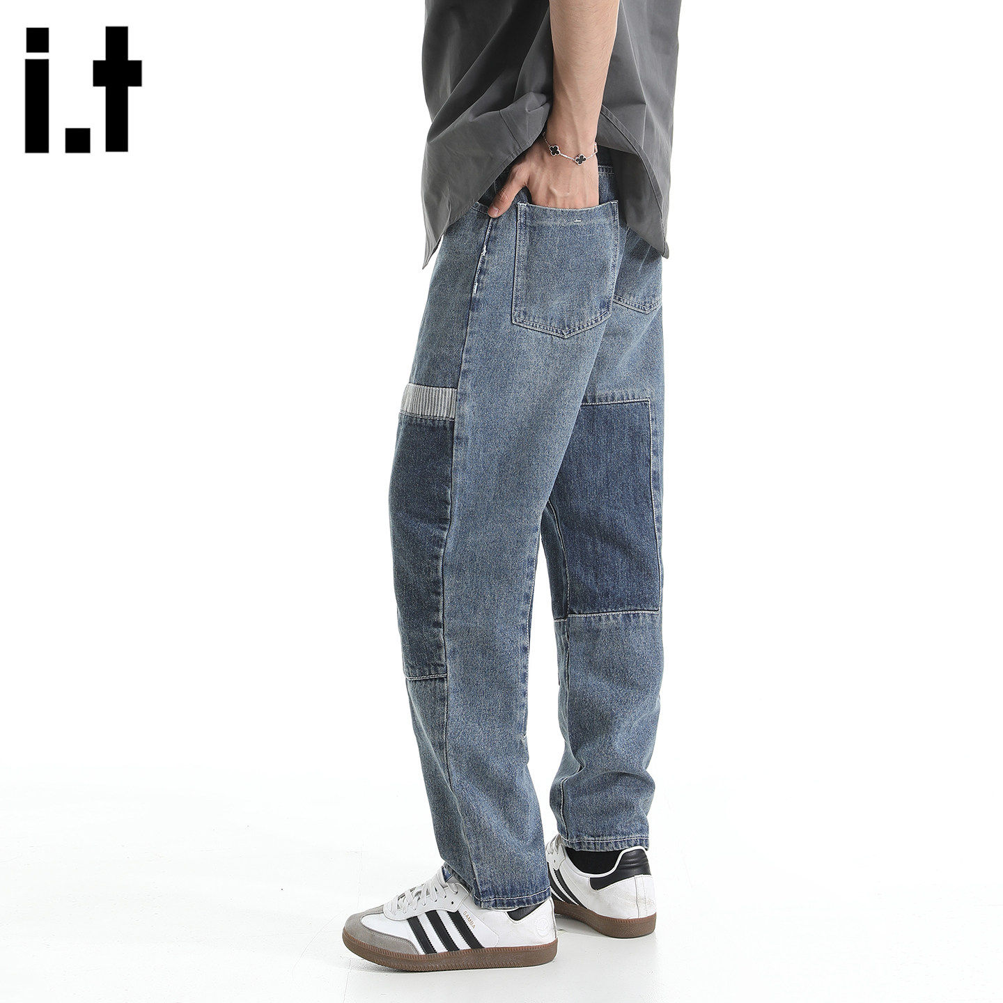 New Bcfauae NB乞丐风拼接撞色牛仔裤男女新款潮流夏宽松裤子