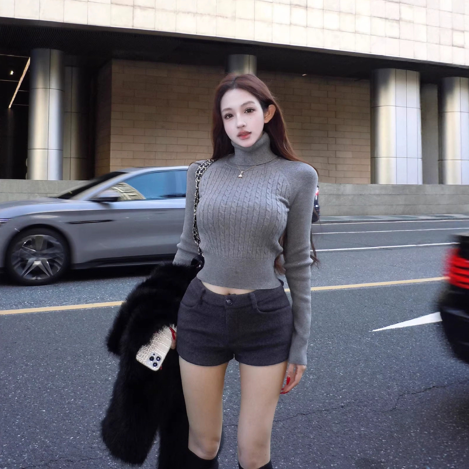 New Bcfauae NB灰色麻花高领长袖针织衫女秋冬修身收腰毛衣韩版显