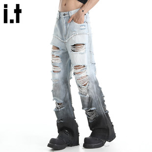 New Bcfauae NB美式潮牌渐层色破洞乞丐风牛仔裤男款夏季长裤
