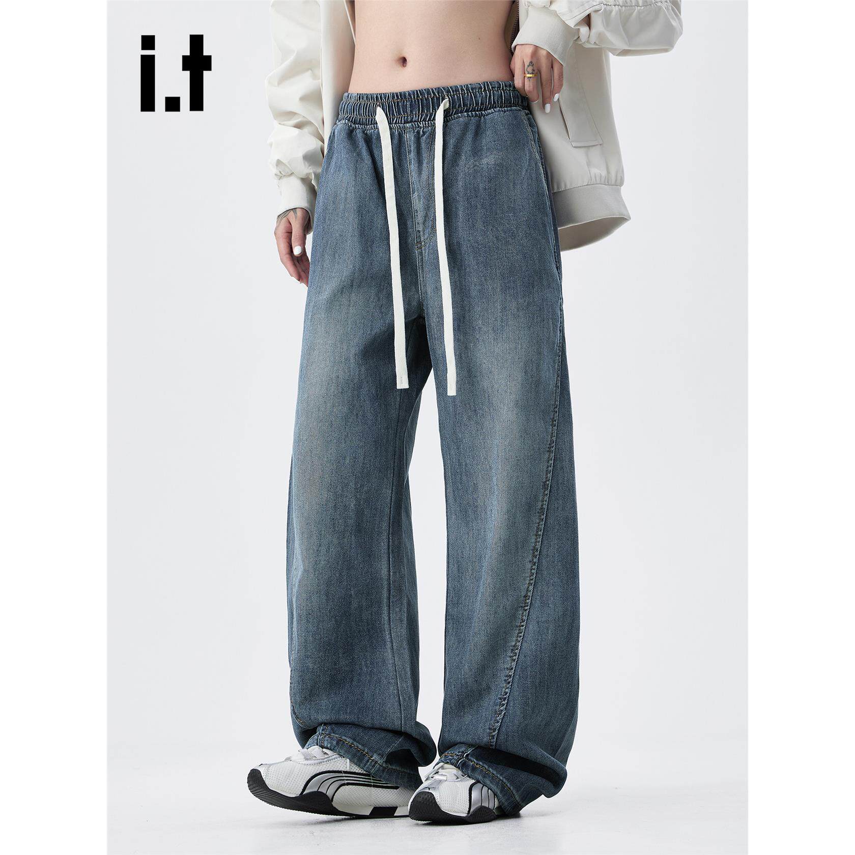 New Bcfauae NB男款抽绳蓝色弯刀牛仔裤春秋美式宽松阔腿长裤