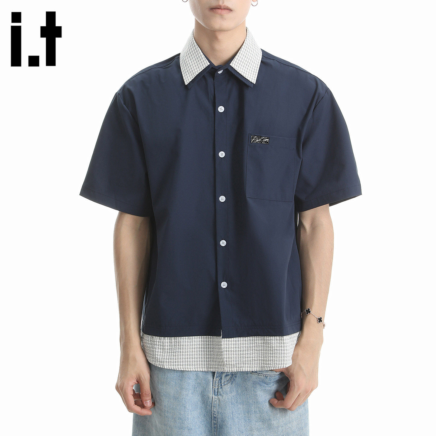 New Bcfauae NB时尚拼接假两件短袖衬衫男款新款夏高级感上衣