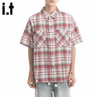 New Bcfauae NB红色格子条纹短袖衬衫男女款夏宽松潮流上衣
