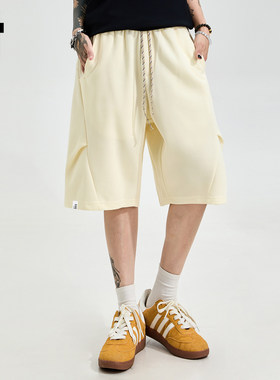 New Bcfauae NB美式黄色松紧腰五分裤短裤男女款夏宽松休闲 裤