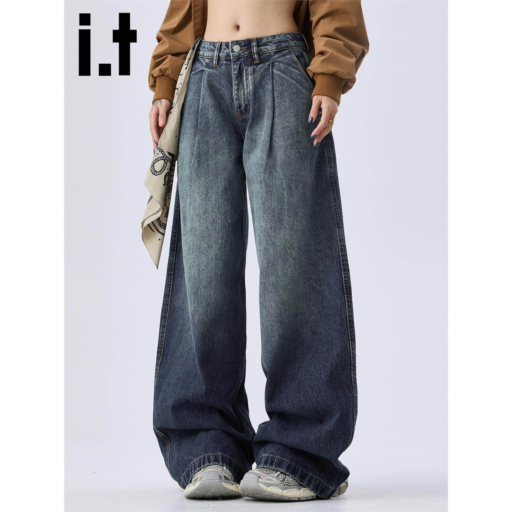 New Bcfauae NB高级感阔腿牛仔裤男女褶皱拖地宽松直筒裤春秋