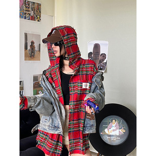 New Bcfauae NB美式复古红色格子衬衫女秋季宽松做旧磨毛连帽长袖