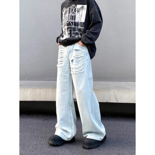 新款 New 男女夏季 NB水洗蓝色破洞阔腿牛仔裤 磨破高腰宽松 Bcfauae
