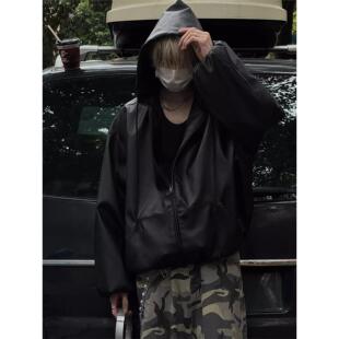 美式 New pu皮衣外套男春秋季 NB街客黑色短款 复古连帽夹克 Bcfauae