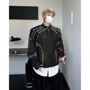 美式 NB新款 小众复古重磅流苏毛边垫肩机车夹克外套设 Bcfauae New