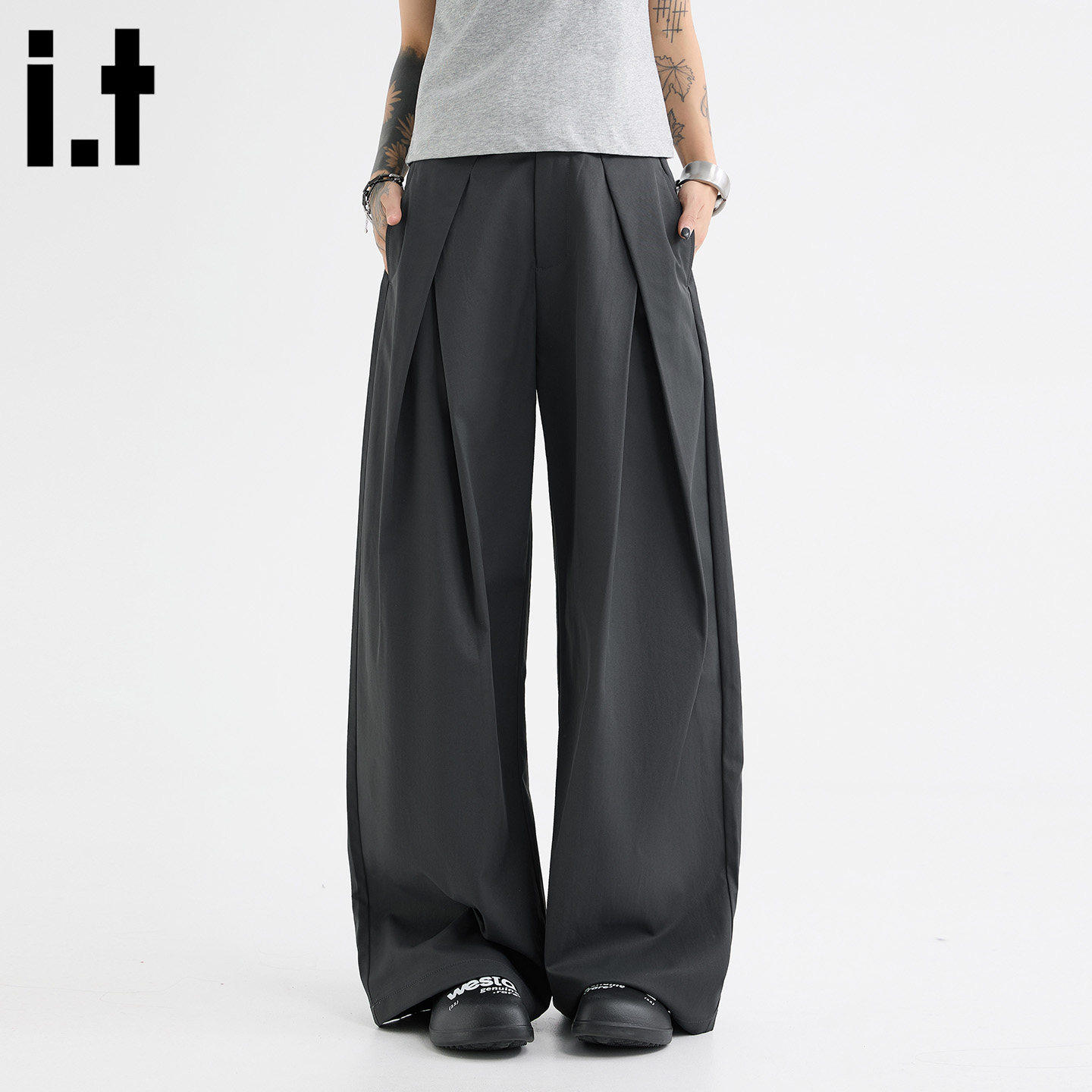 New Bcfauae NB灰色西裤交叉褶皱西装裤男女夏秋宽松阔腿长裤