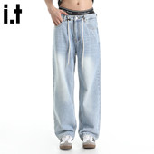 Bcfauae 直筒长裤 NB美式 男款 New 薄款 复古抽绳浅色牛仔裤 夏季