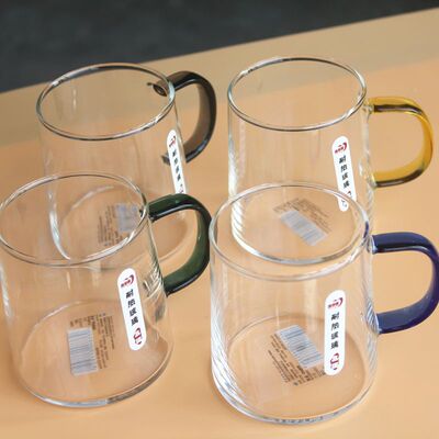 青苹果耐热玻璃4色手柄茶杯奶杯