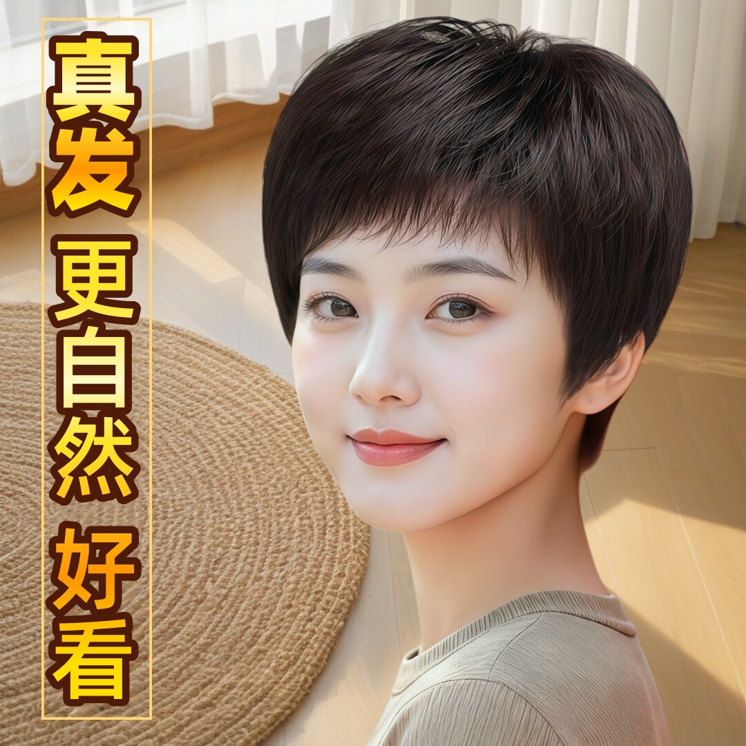 真发中老年假发套递针轻薄蓬松自然透气妈妈假发短直发全头套老人