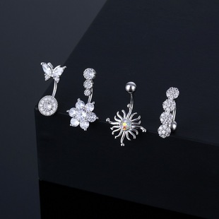 脐钉欧美镶钻花朵蝴蝶太阳花型肚脐钉肚脐环新款穿刺倒扣锆石脐环