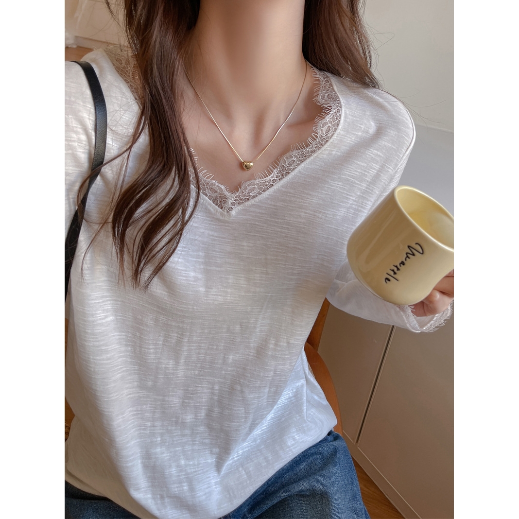 100%纯棉v领蕾丝宽松版正肩t恤女秋冬慵懒风高级感长袖打底衫上衣