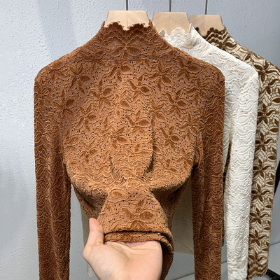 半高领蕾丝打底衫女内搭2024新款秋冬长袖修身拼接网纱高级感上衣