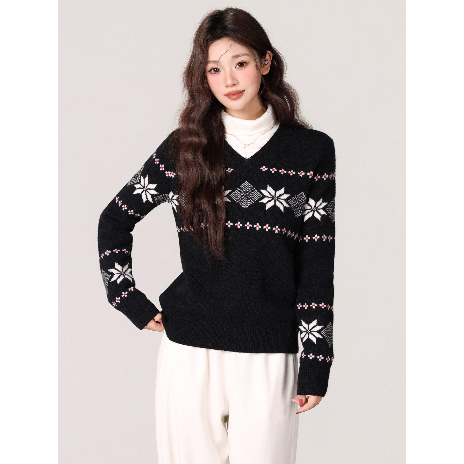 黑色V领长袖费尔岛针织打底衫内搭加厚毛衣秋冬季新款加绒上衣女