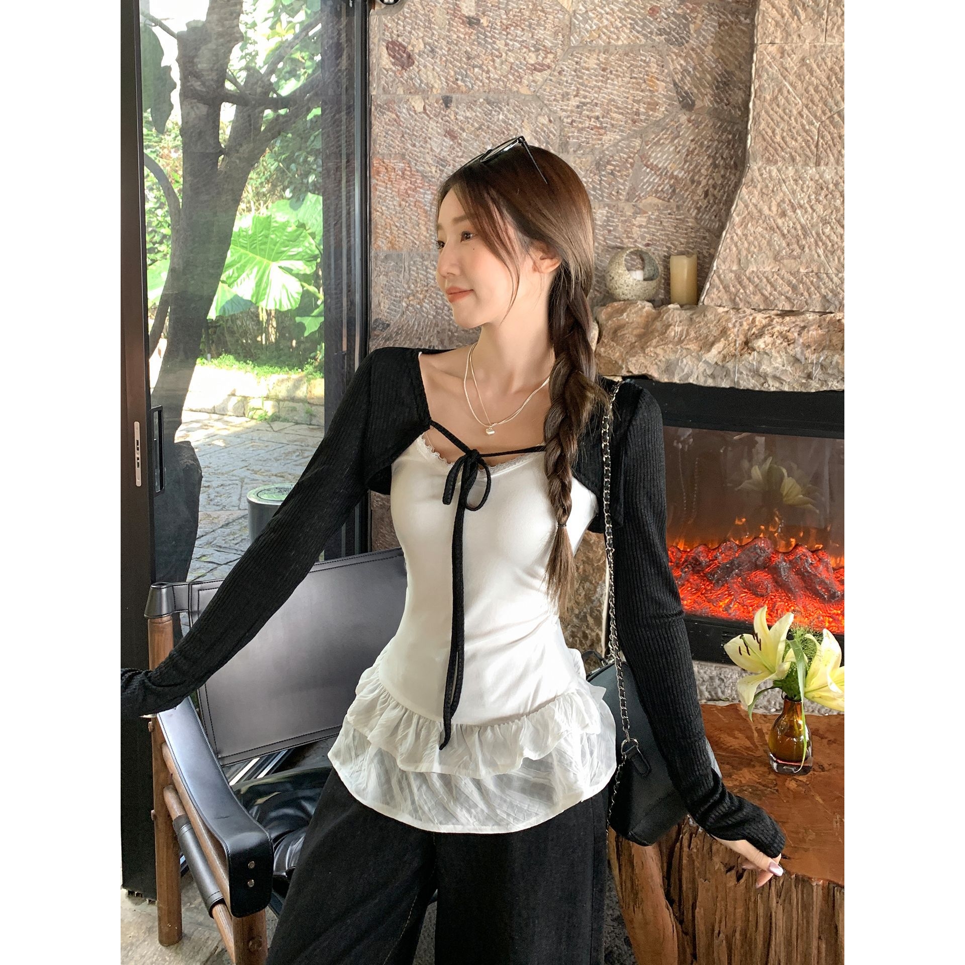 韩系巨好看U领花边下摆背心吊带女叠穿系带防晒开衫两件套上衣秋