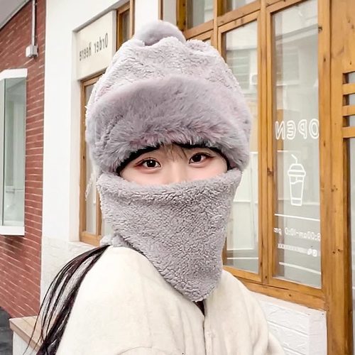 秋冬季加厚围巾帽子一体连帽冬季头套可爱保暖毛绒冬天帽子围脖女
