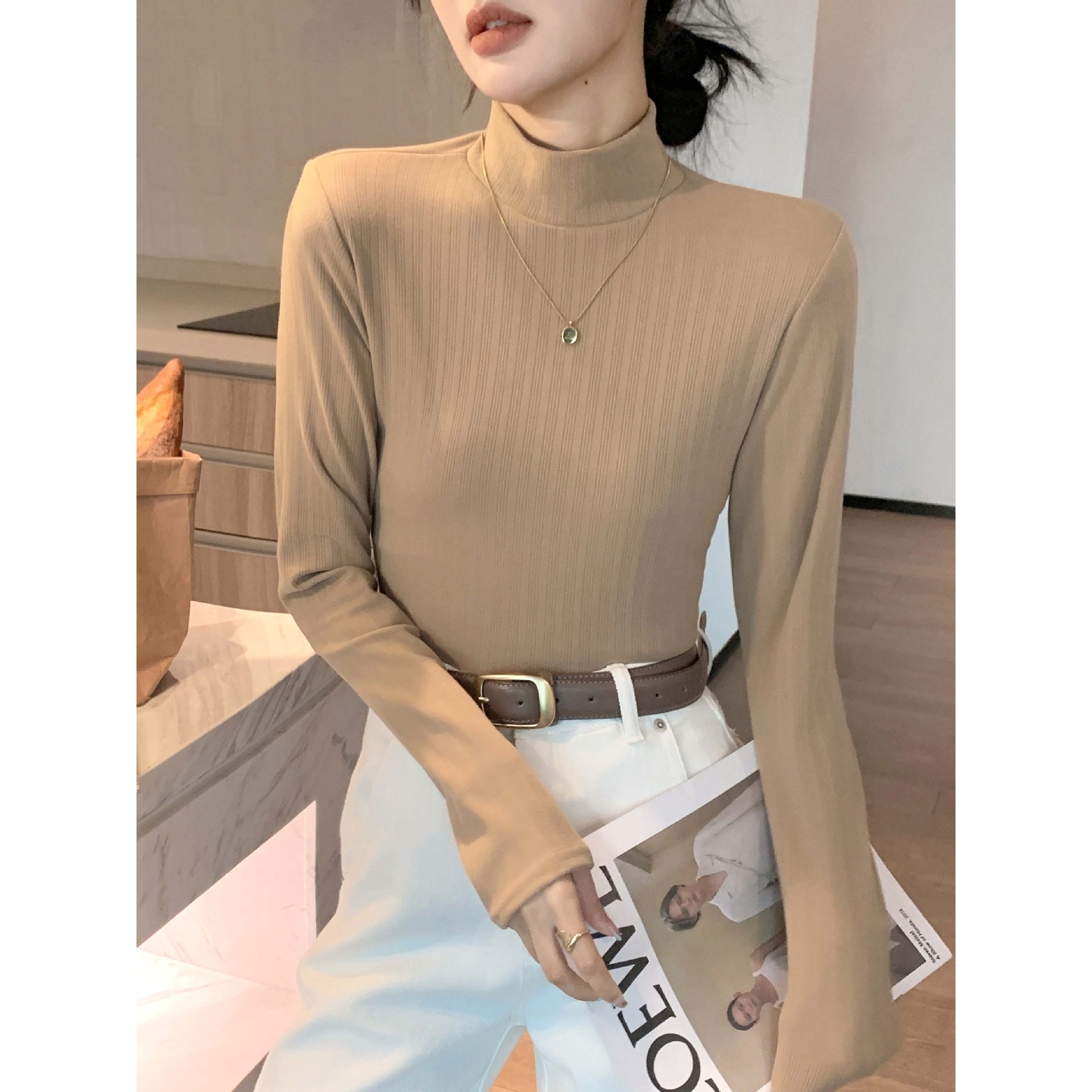 H337螺纹半高领双面德绒打底衫女针织衫秋冬洋气内搭长袖保暖上衣