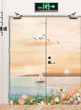 仿油画风景防火门贴纸自粘定制