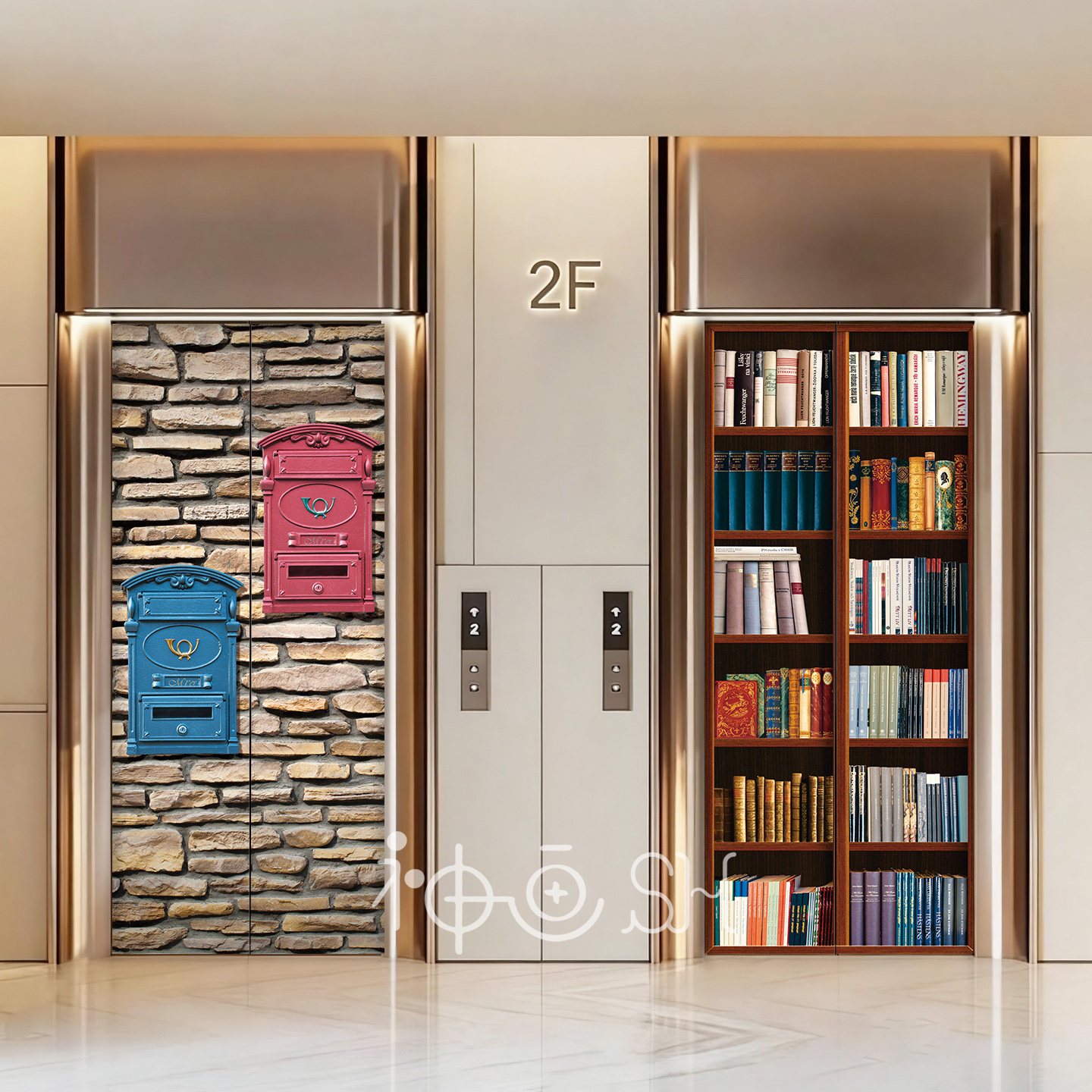 抽象复古书架电梯门贴纸自粘定制入户电梯改造贴个性时尚电话亭贴