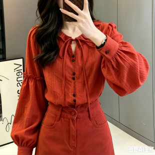 2026春秋新款砖红色荷叶边系带衬衫女法式复古灯笼袖显瘦上衣