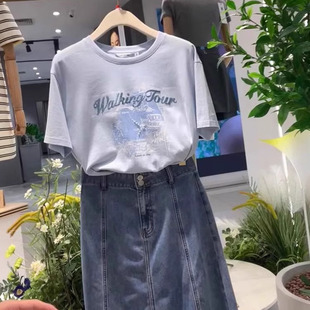 女 时尚 减龄圆领短袖 印花上衣正肩显瘦宽松t恤2025夏季 纯棉打底衫