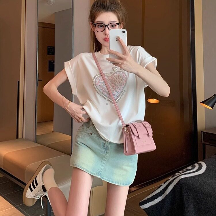 欧货重工钉珠爱心短袖t恤女2025新款夏季设计感小众国风白色上衣