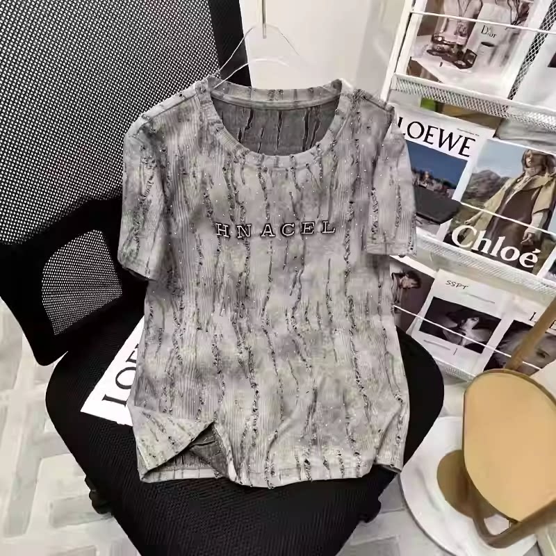 短袖百搭薄款扎染烫钻纯棉女生图片