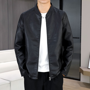 休闲风男士 潮流春秋 黑色立领皮衣外套修身