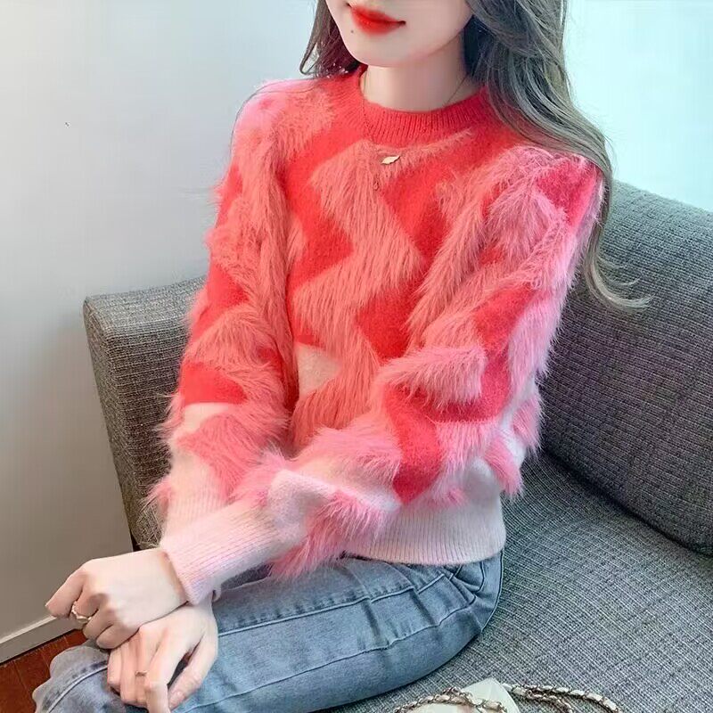 小香风流苏设计仿水貂绒圆领毛衣女2025秋冬季加厚洋气打底针织衫