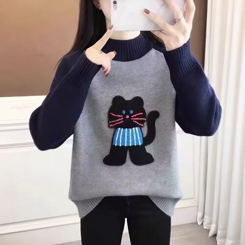 韩系学院风复古卡通猫咪提花毛衣