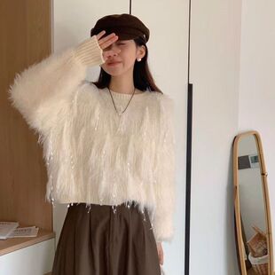 很仙的流苏设计仿水貂绒亮丝毛衣女2025秋冬装软糯甜美上衣针织衫