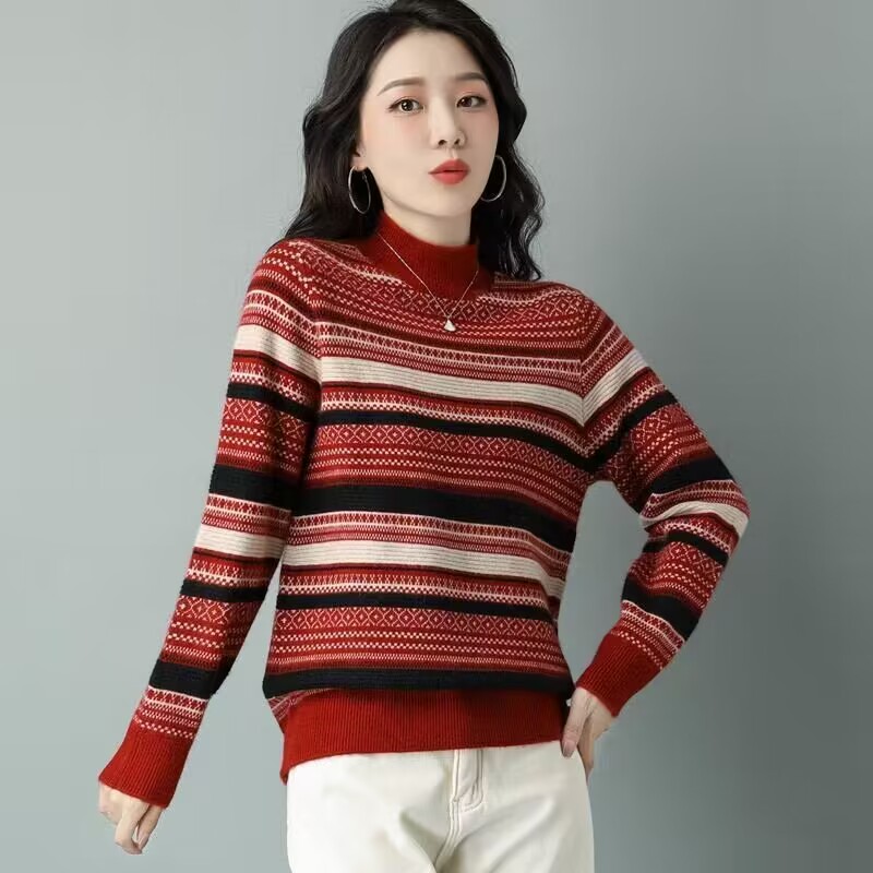 本命年复古条纹提花半高领毛衣女图片