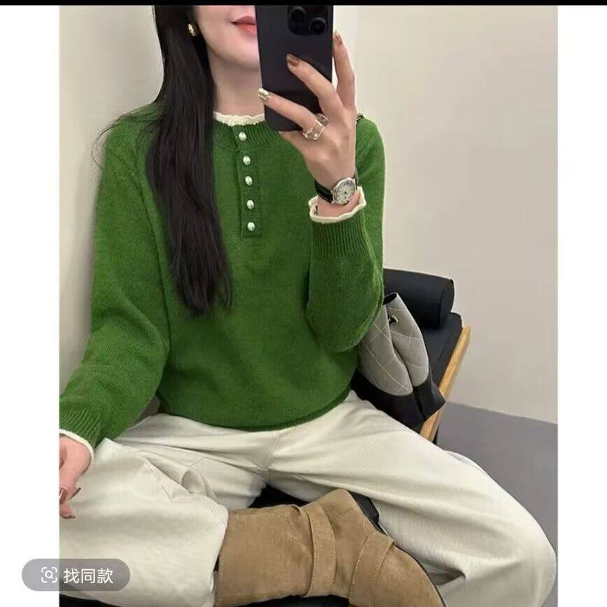 小香风撞色花边圆领珍珠扣羊毛衫女秋冬时尚洋气毛衣针织打底上衣,女装/女士精品,毛衣,淘宝优惠券,粉丝福利购,淘宝优惠卷