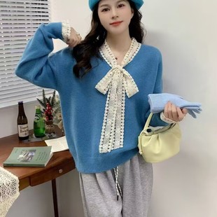 法式 上衣 甜美蕾丝拼接蝴蝶结V领毛衣针织衫 2025秋冬慵懒风打底衫