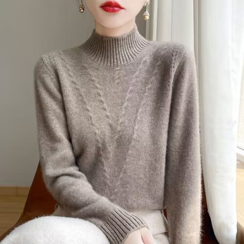 羊毛衫女秋冬半高领扭花提花毛衣