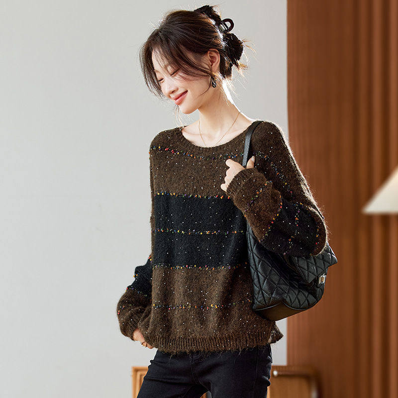 羊毛衫女高级感撞色亮片提花毛衣秋冬慵懒风超好看外穿针织衫上衣,女装/女士精品,毛衣,淘宝优惠券,粉丝福利购,淘宝优惠卷
