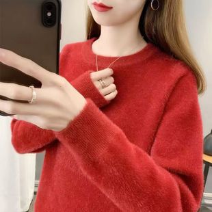 水貂绒圆领毛衣女2022秋冬季最新款纯色洋气加厚一体绒针织打底衫