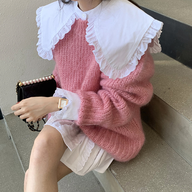 Lazy style loose and versatile sweater + large collar with lace stitching dress