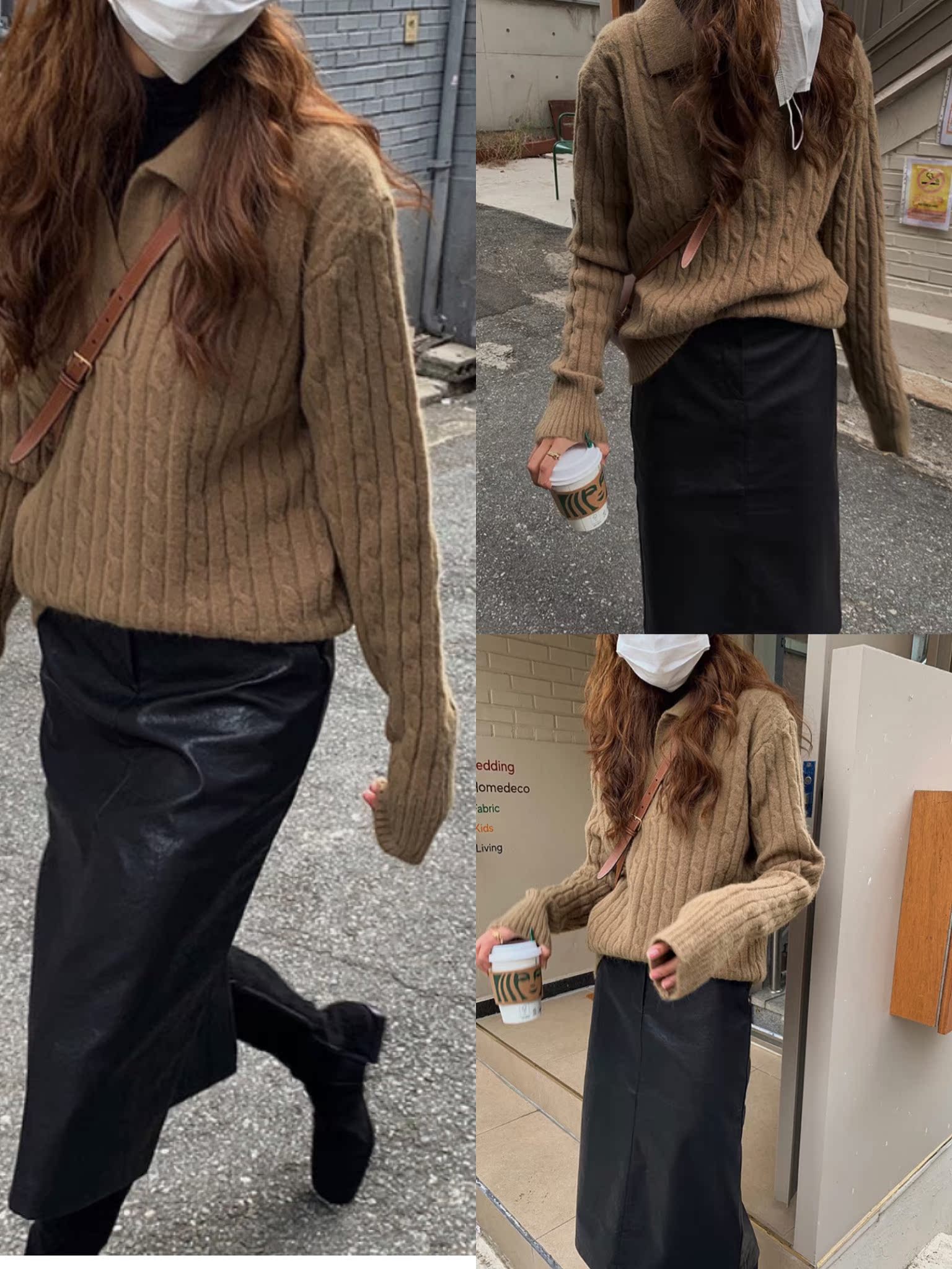 Lazy style retro twist square neck sweater + Pu Hip Wrap Skirt