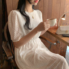 Ghost Horse Series ~ South Korean ins hollow lace elastic waist solid color dress