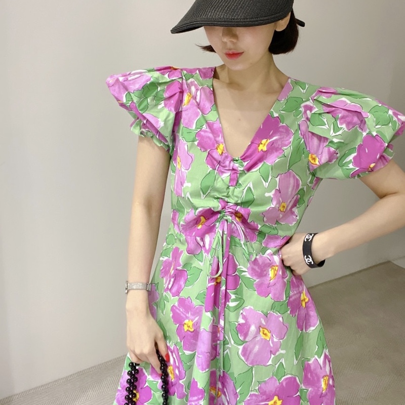 Bubble sleeve drawstring V-neck dress