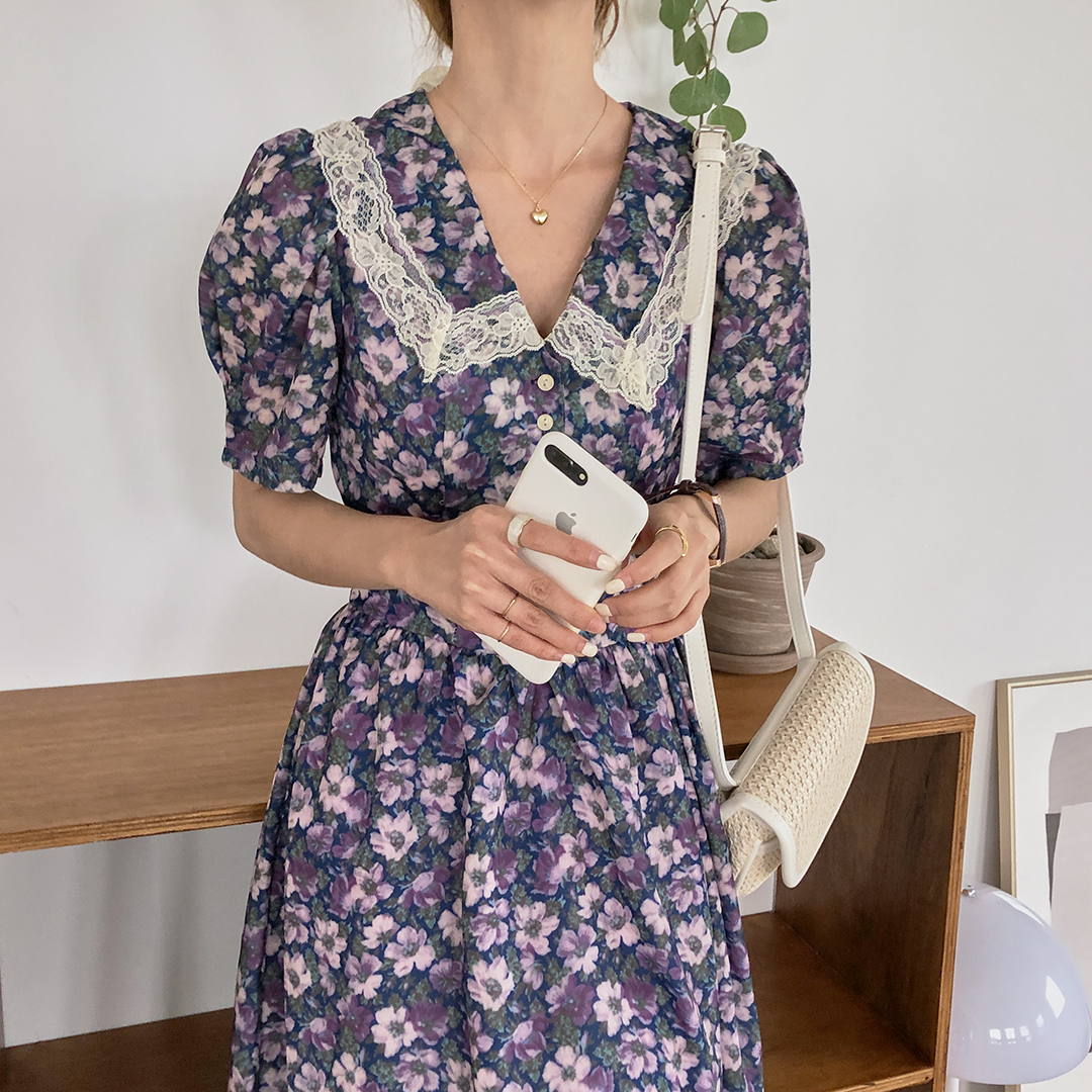 Vintage big Lapel lace patchwork Floral Dress